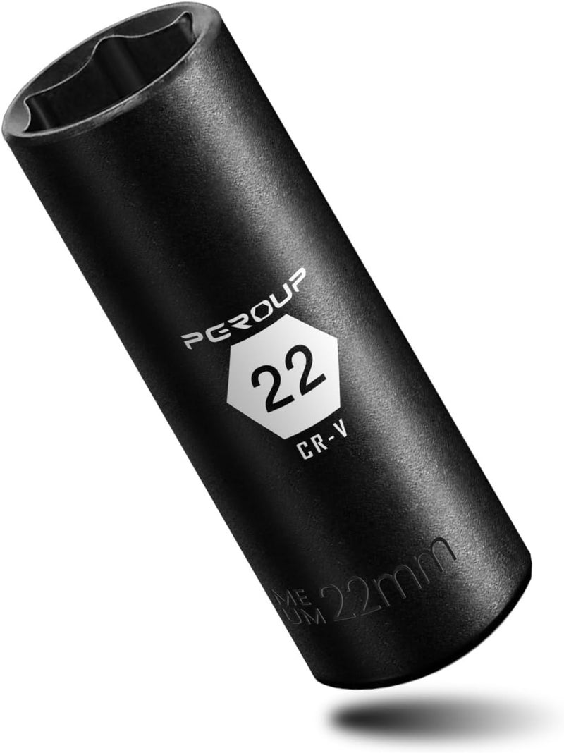 pgroup 3/8” Drive Deep Impact Socket, Metric(22mm socket), 6-Point, Cr-V Steel With Black Manganese Phosphate Coating - Image 1
